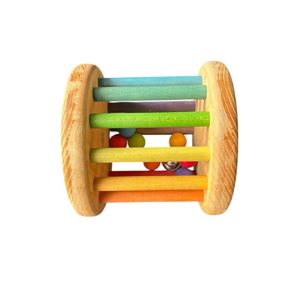 Grimm's Extra Large Rolling Rainbow Wheel Rattle With Bell Montessori Wooden Toy - Picture 3 of 4